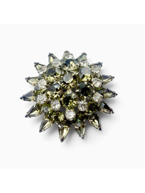 Vintage Austrian Style Starburst Brooch, Olivine & Clear Rhinestone Pin, Atomic